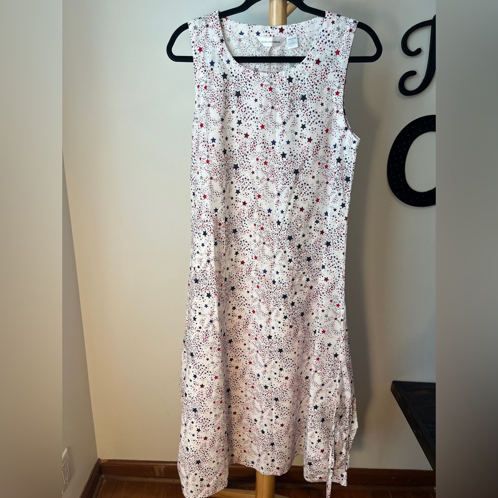 King Universal Sleeveless White Cotton Maxi Dress USA Stars Red White Blue Sz S